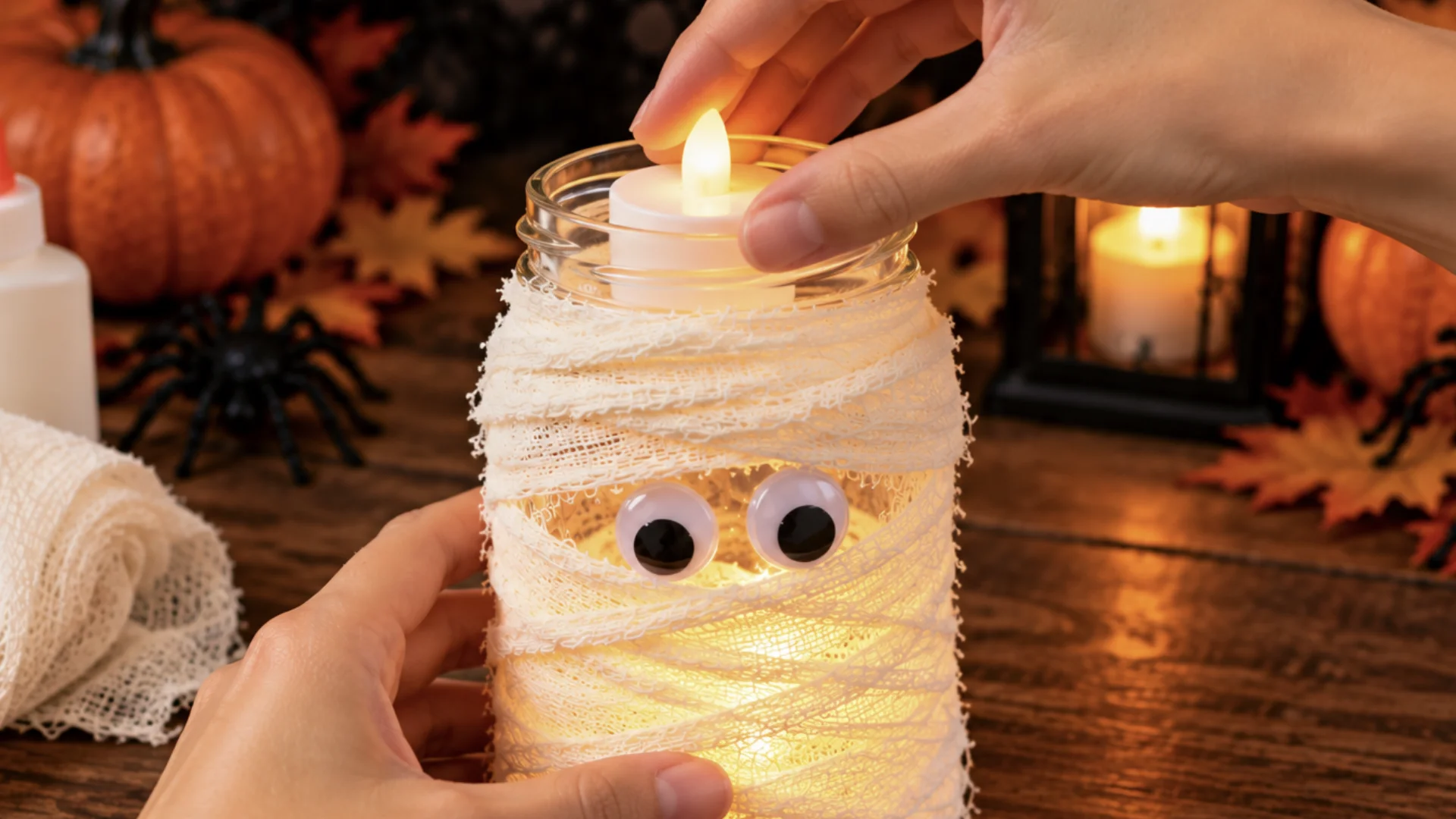 Mãos colocando vela de LED dentro de pote de vidro decorado como múmia de Halloween.