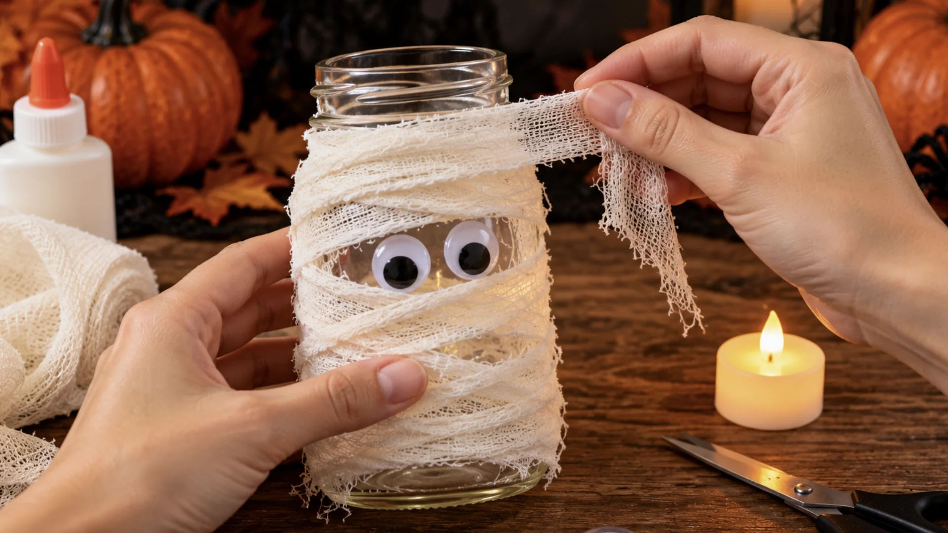 Mãos envolvendo pote de vidro com tiras de gaze branca para fazer decoração de Halloween.