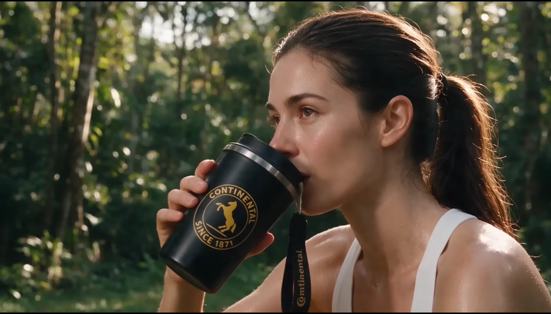 Mulher utiliza copo térmico preto com logotipo da Continental em ambiente ao ar livre.