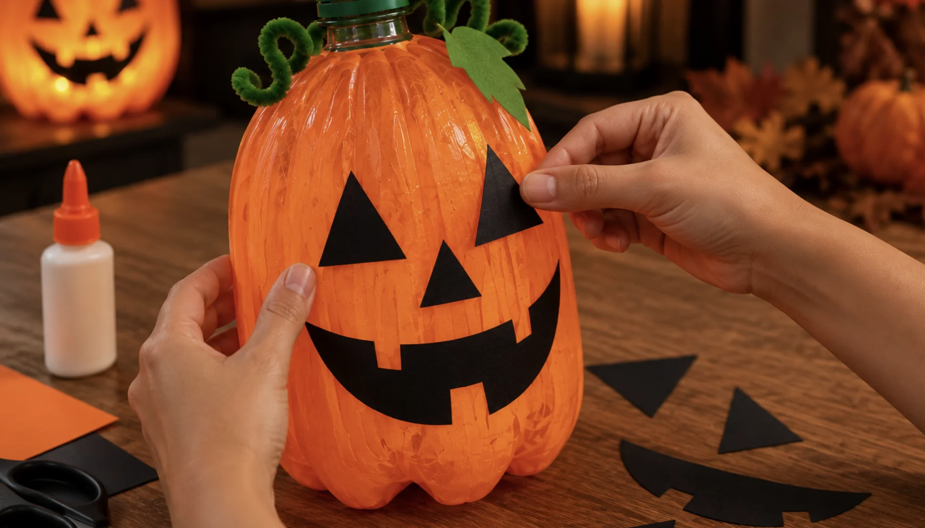 Mãos colam olhos triangulares pretos em abóbora de Halloween artesanal feita com garrafa PET.