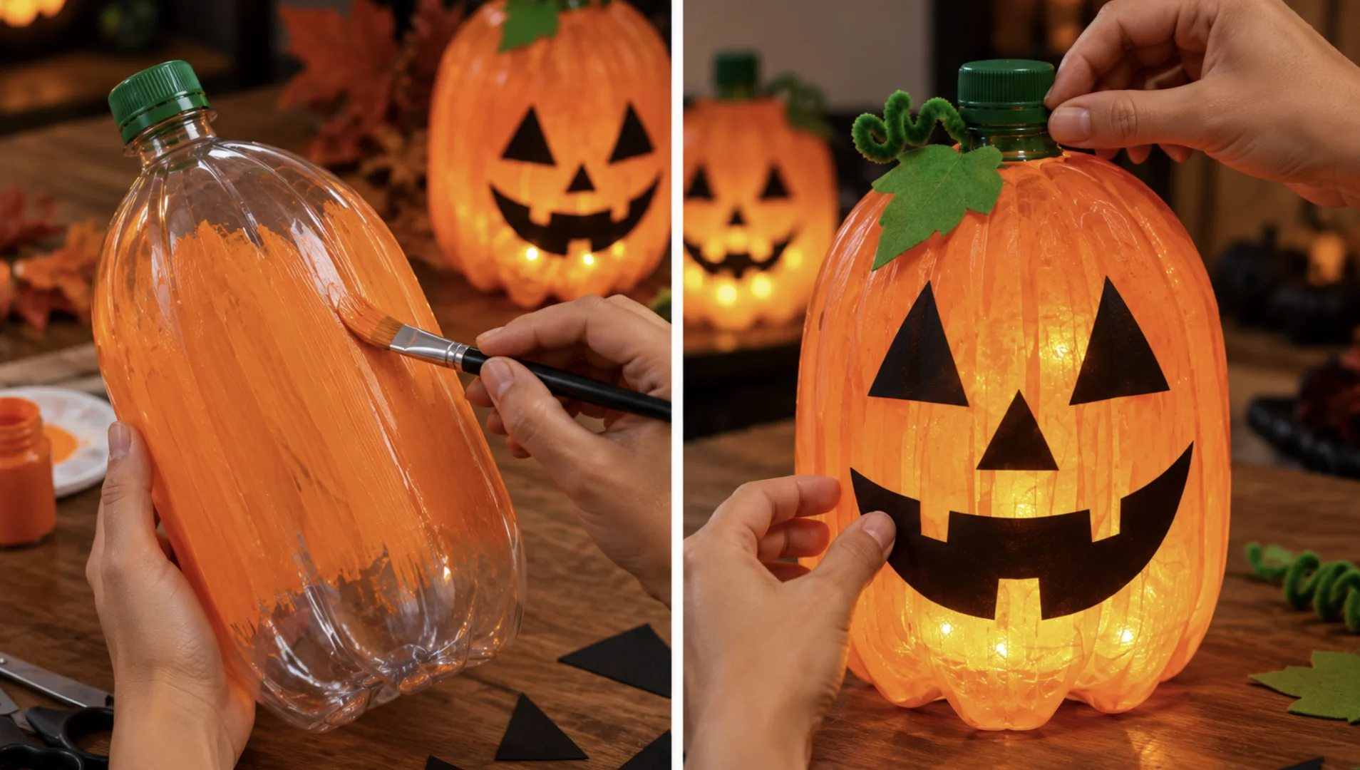 Mãos colam olhos triangulares pretos em abóbora de Halloween artesanal feita com garrafa PET.