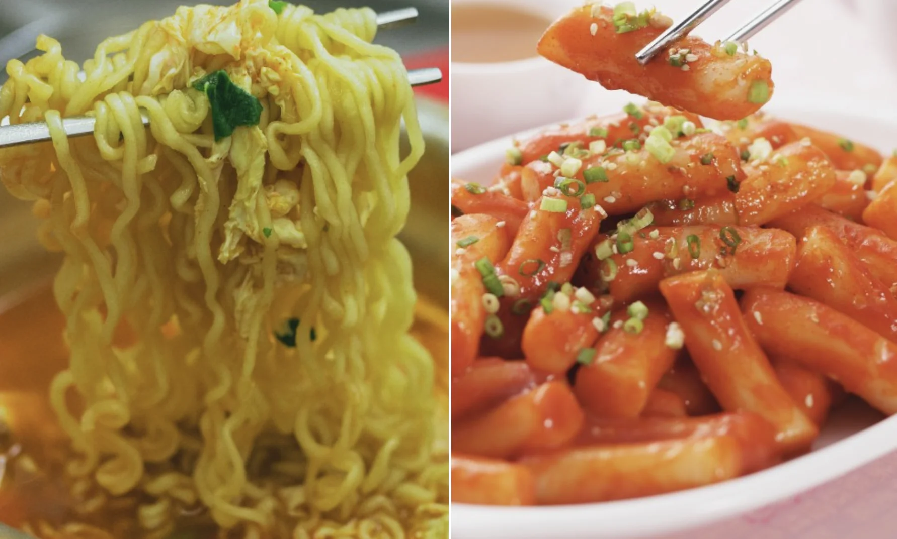 Ramyeon e tteokbokki, pratos populares da culinária coreana.