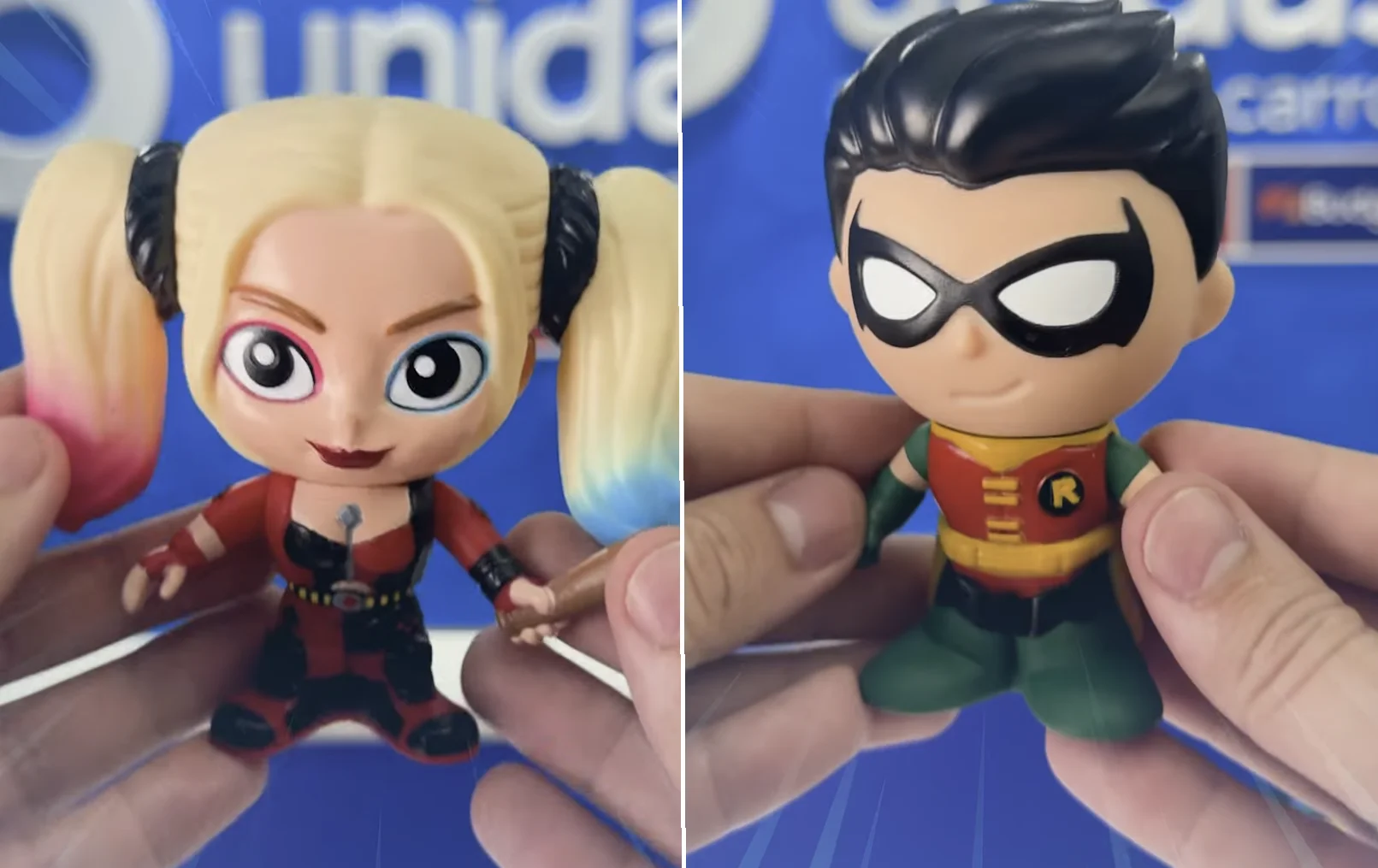 Miniaturas da Arlequina e Robin da coleção Unidas em parceria com a DC Comics.
