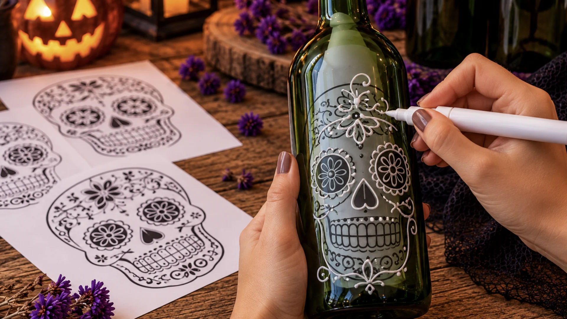 Mão desenha caveira mexicana com caneta branca sobre garrafa de vidro verde, seguindo molde de papel.