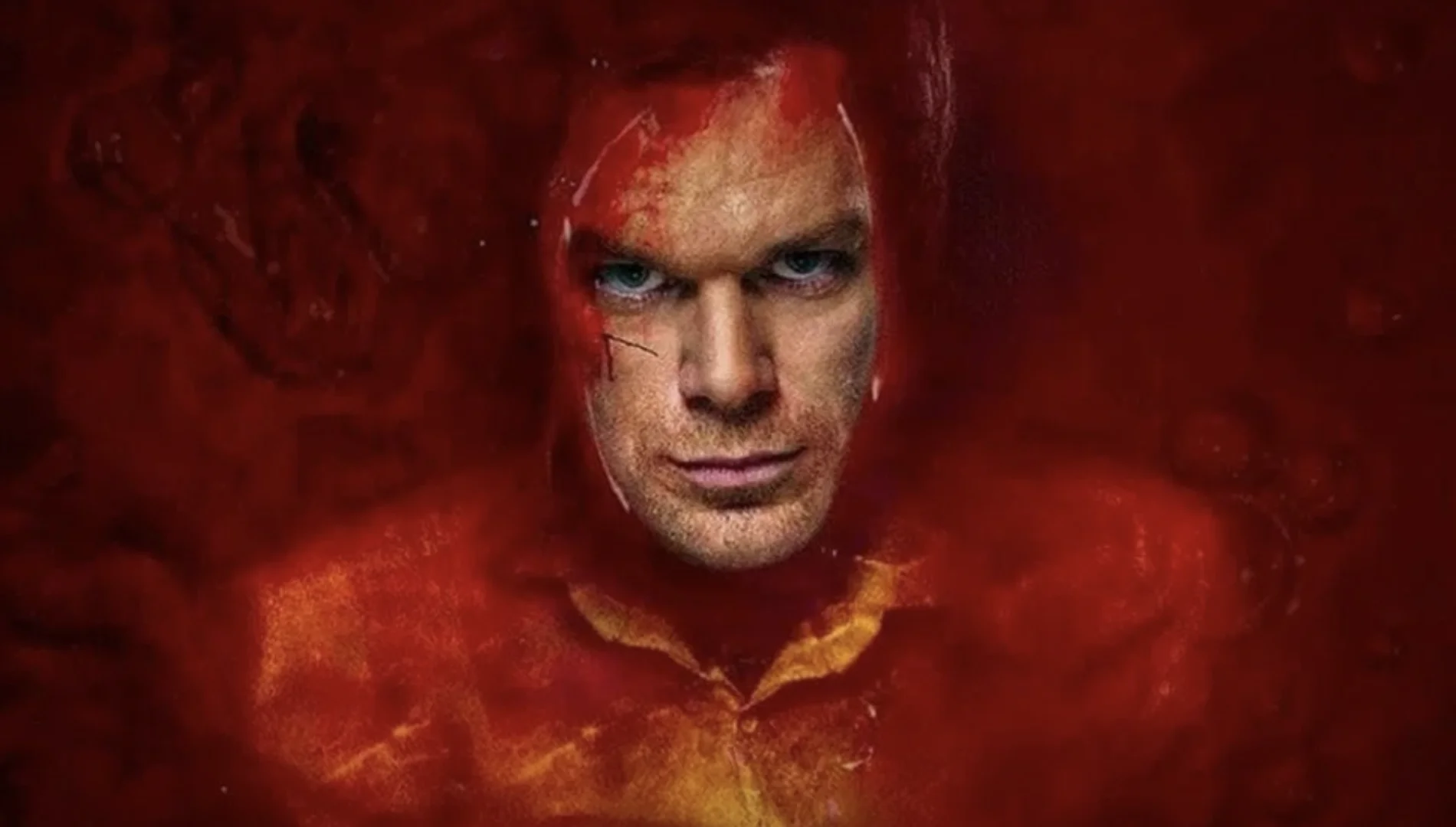 Dexter Morgan aparece em arte promocional com fundo vermelho e atmosfera sombria.