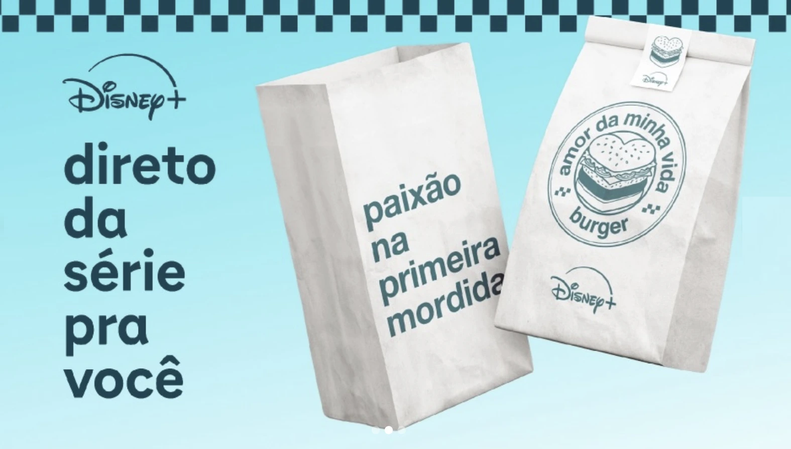 Embalagens personalizadas da hamburgueria Amor da Minha Vida Burger, com identidade visual do Disney+.