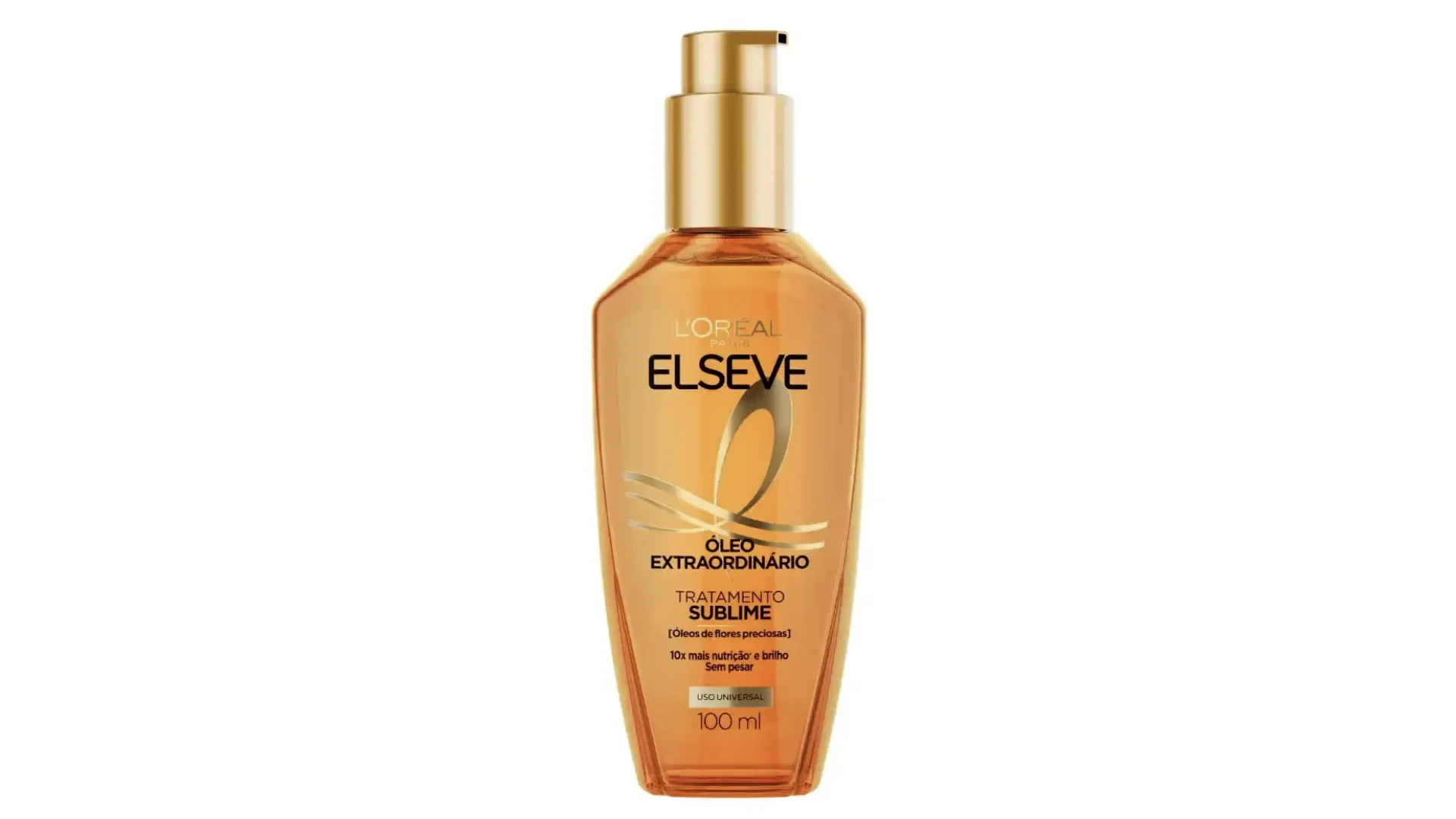 Elseve Óleo Extraordinário Tratamento Sublime 100 ml da L'Oréal Paris, em embalagem dourada com válvula dosadora.
