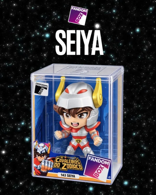 Boneco Seiya de Pégaso da Fandom Box com armadura vermelha e prateada em embalagem transparente.