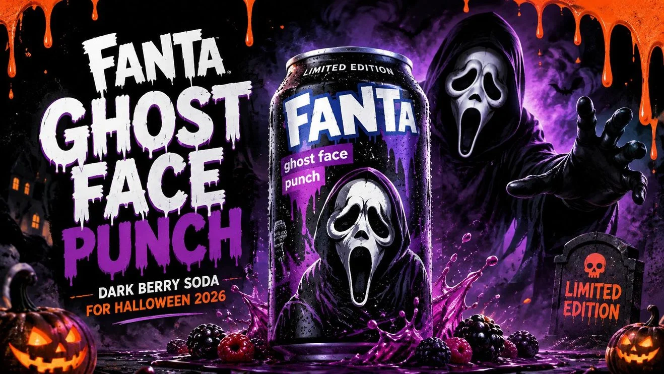 Lata de Fanta Ghost Face Punch com ilustração de Ghostface, cercada por elementos de Halloween em tons de roxo e laranja.