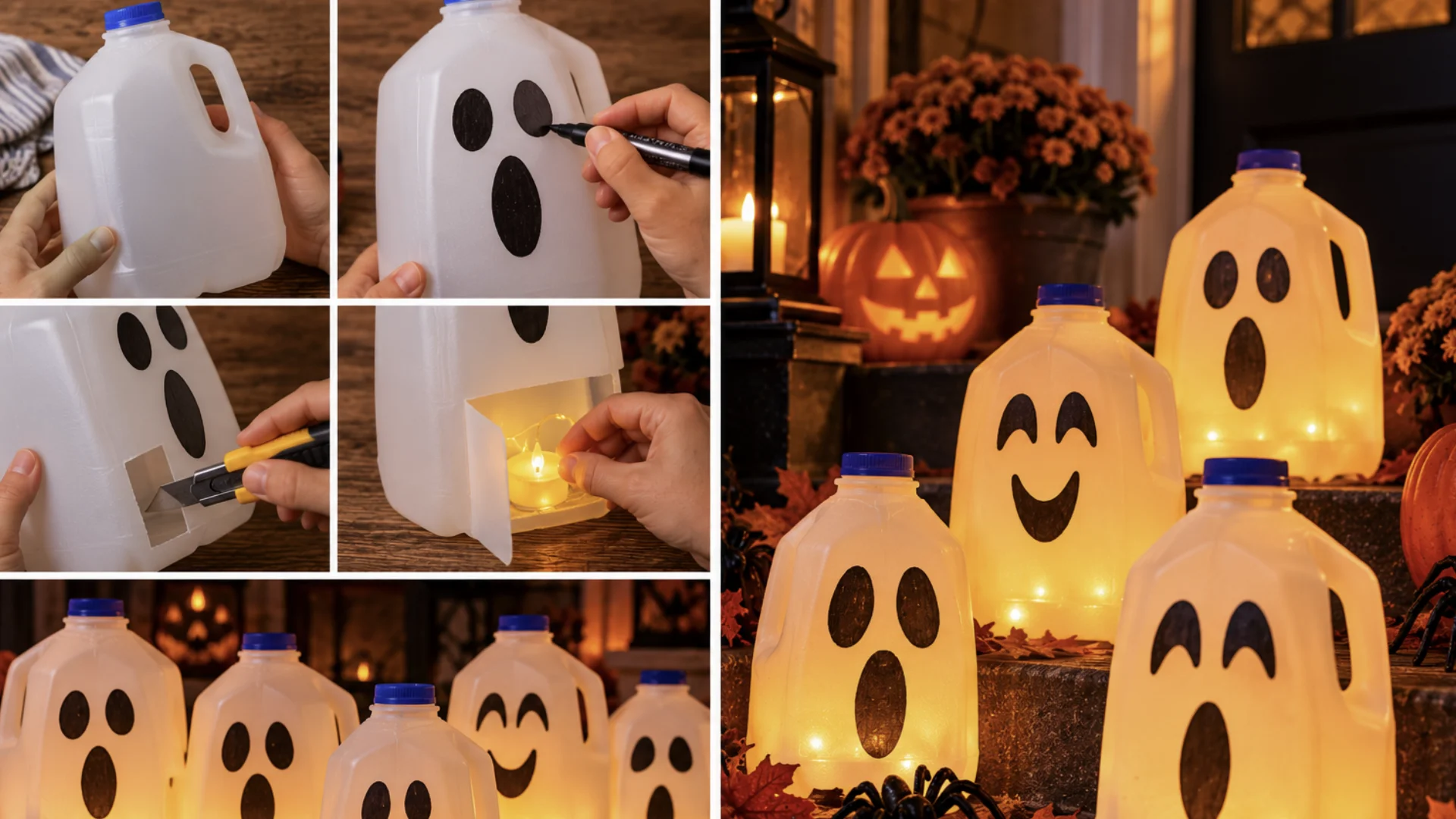 Passo a passo para transformar embalagens plásticas brancas em fantasmas iluminados para o Halloween.