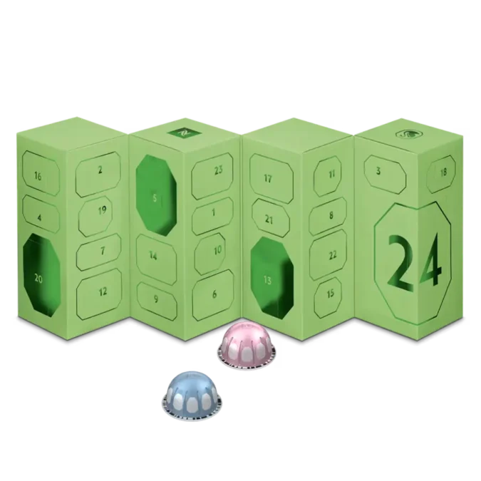 Calendário do Advento Nespresso x Swarovski verde com cápsulas Vertuo.