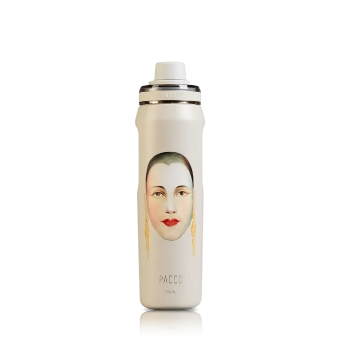 Garrafa térmica PACCO creme com Autorretrato de Tarsila do Amaral.