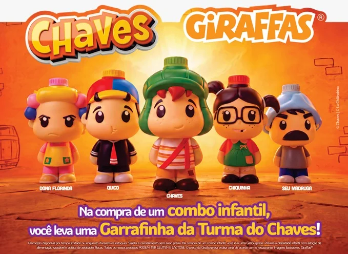 Giraffas apresenta garrafinhas de Dona Florinda, Quico, Chaves, Chiquinha e Seu Madruga.