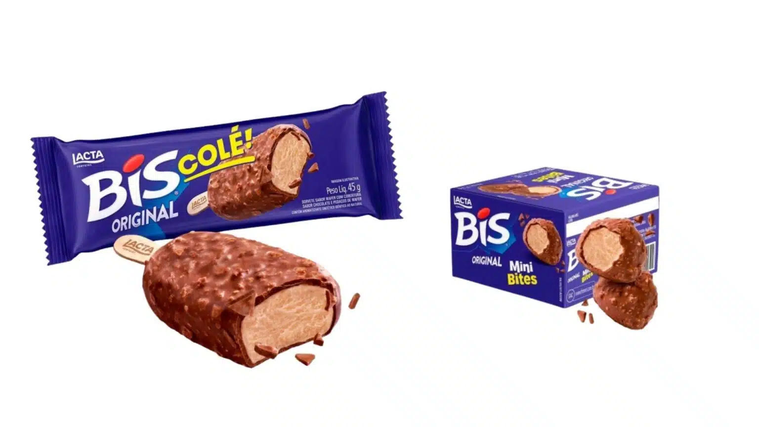 Picolé BIScolé e sorvete Bis Mini Bites da Lacta, com embalagens e detalhes do recheio sabor wafer.