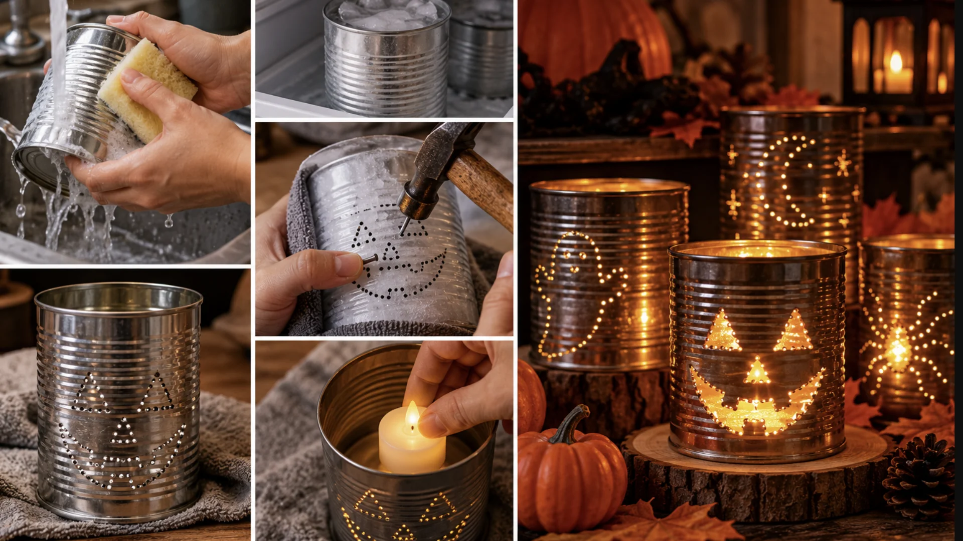 Tutorial de lanternas de Halloween feitas com latas de conserva perfuradas e iluminadas por LED.