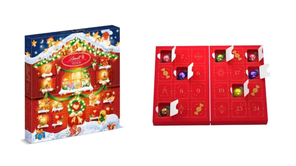 Calendário do Advento Lindt TEDDY com embalagem natalina e compartimentos abertos mostrando chocolates.