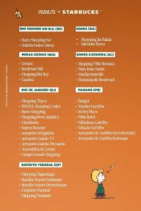 Lista de unidades Starbucks com coleção Snoopy e Peanuts no Brasil.