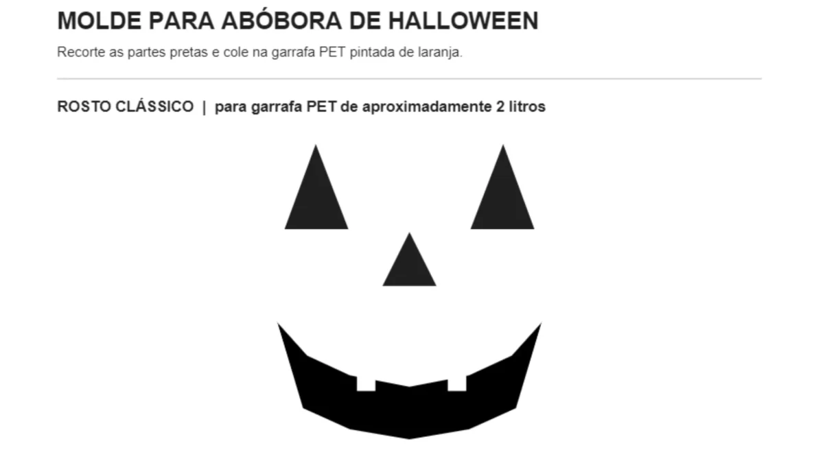 Molde imprimível de rosto de abóbora de Halloween com olhos triangulares, nariz e sorriso.