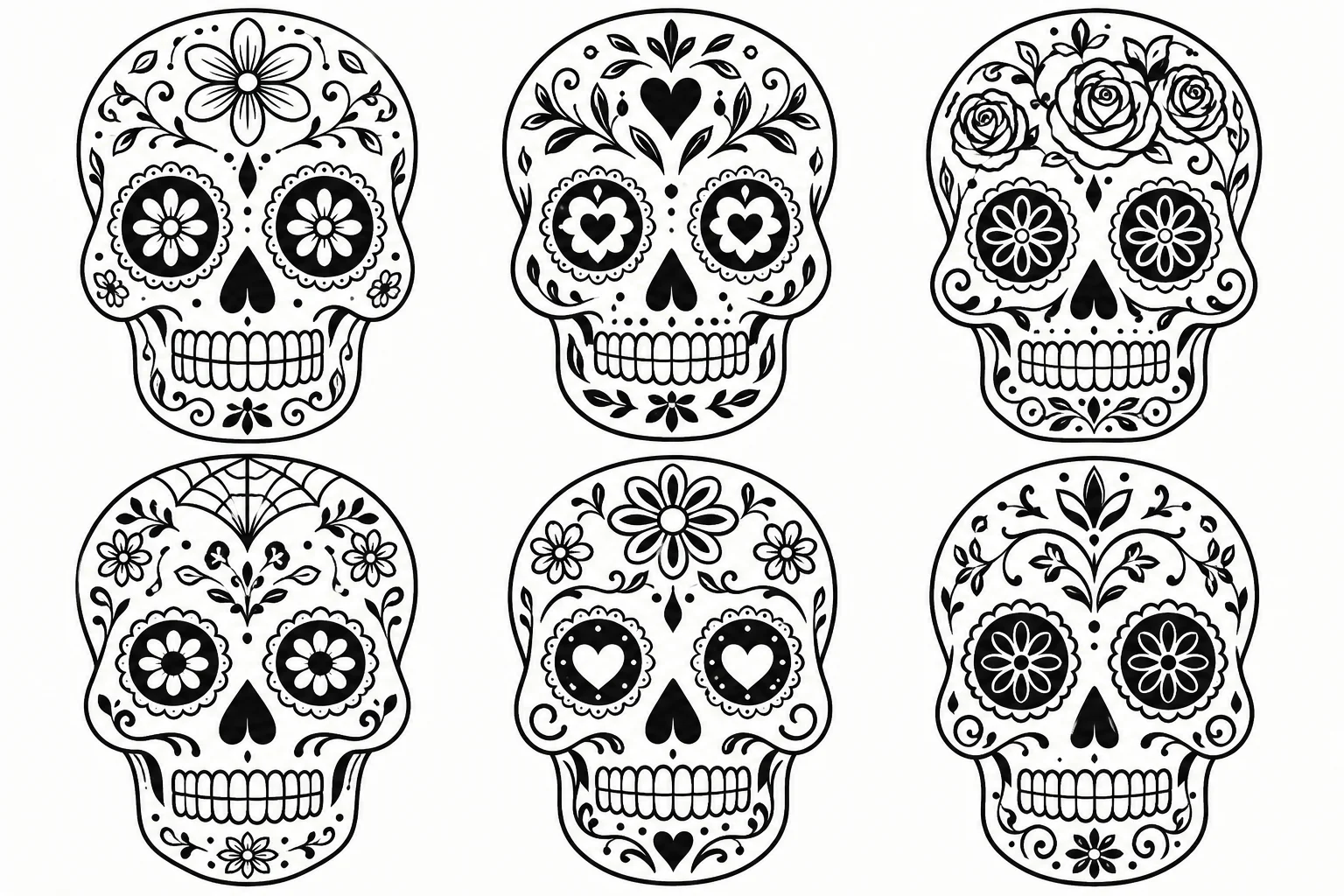 Seis moldes de caveiras mexicanas em preto e branco com desenhos florais e detalhes ornamentais.