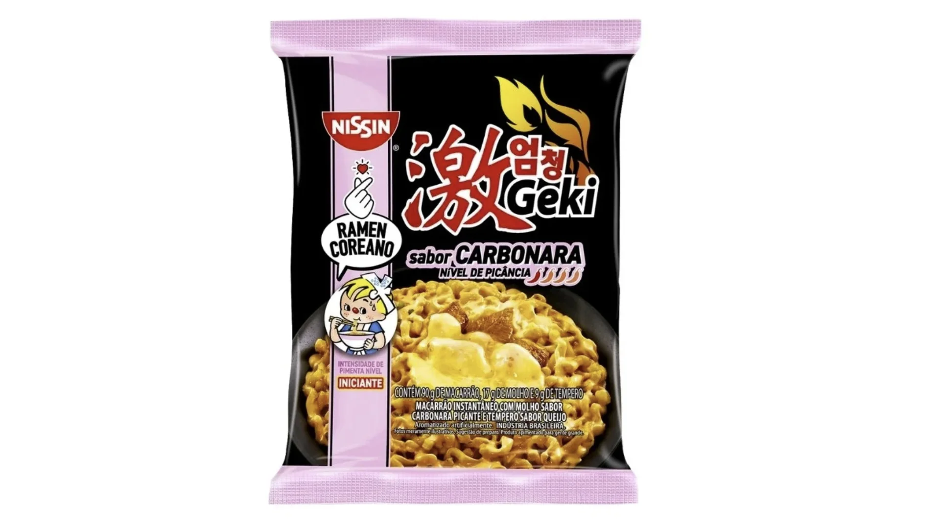 Embalagem do ramen coreano NISSIN Geki Carbonara com molho cremoso e toque de pimenta.