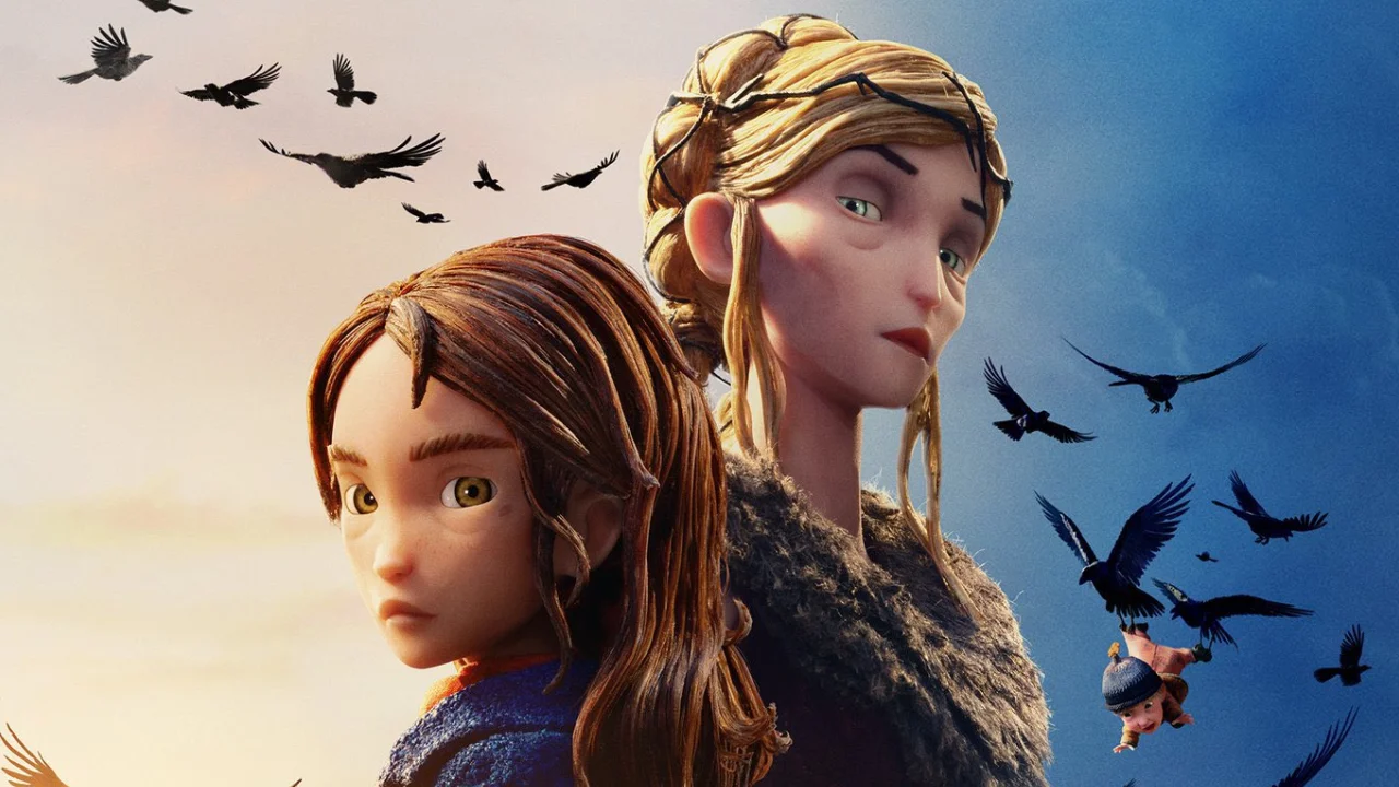 Personagens da animação O Bosque Selvagem, da LAIKA, aparecem cercadas por corvos em uma cena de fantasia.