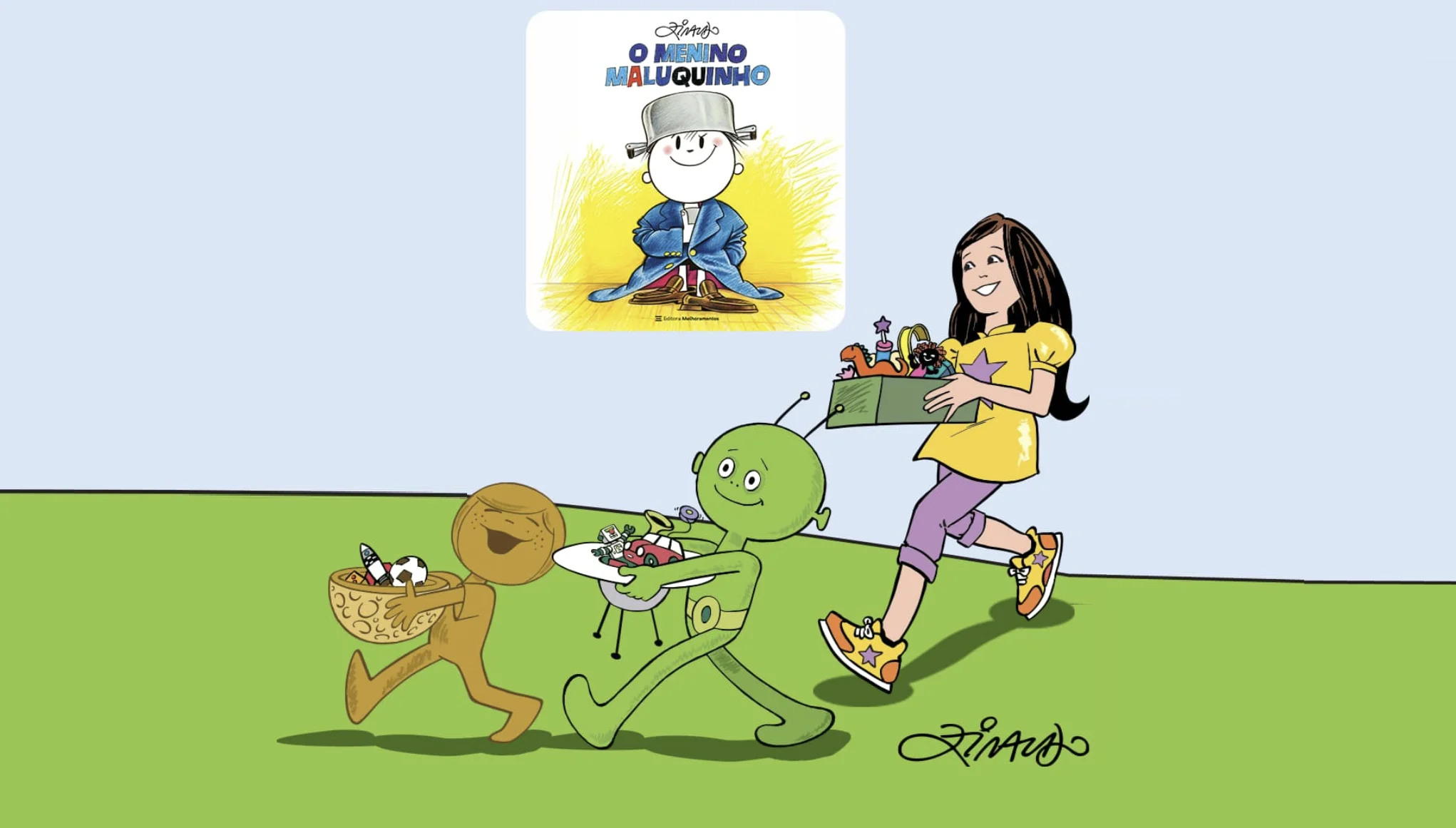 Capa de O Menino Maluquinho, de Ziraldo, com personagens carregando brinquedos para doação.