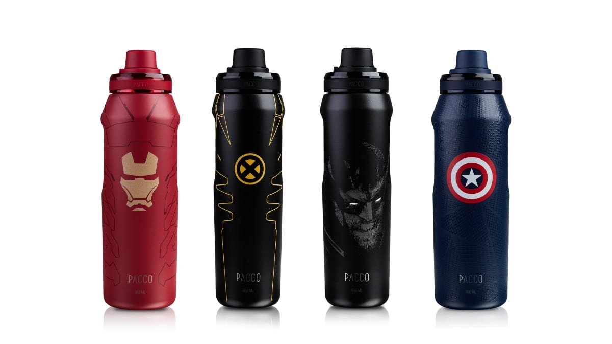 Garrafas térmicas PACCO da coleção Marvel com estampas do Homem de Ferro, X-Men, Wolverine e Capitão América.