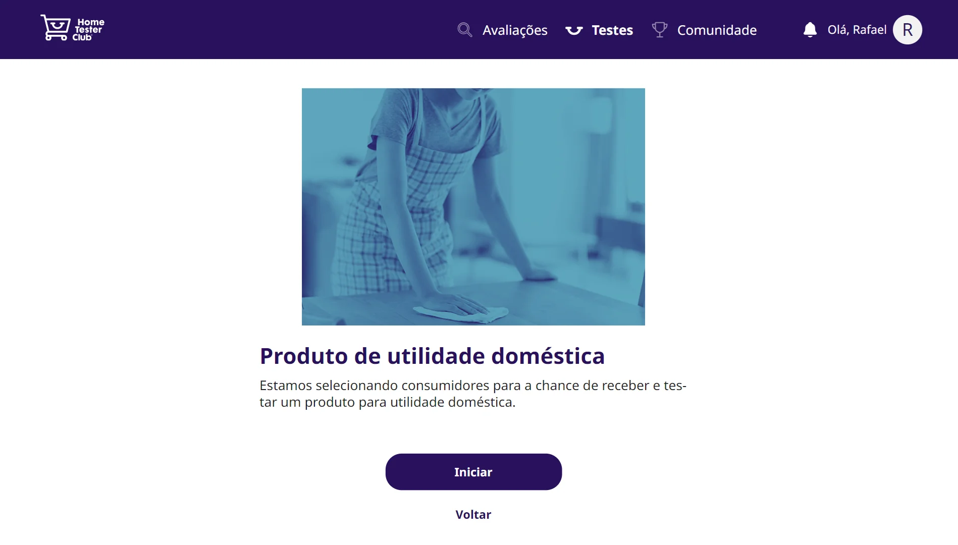 Página do Home Tester Club com seleção de consumidores para testar produto de utilidade doméstica.
