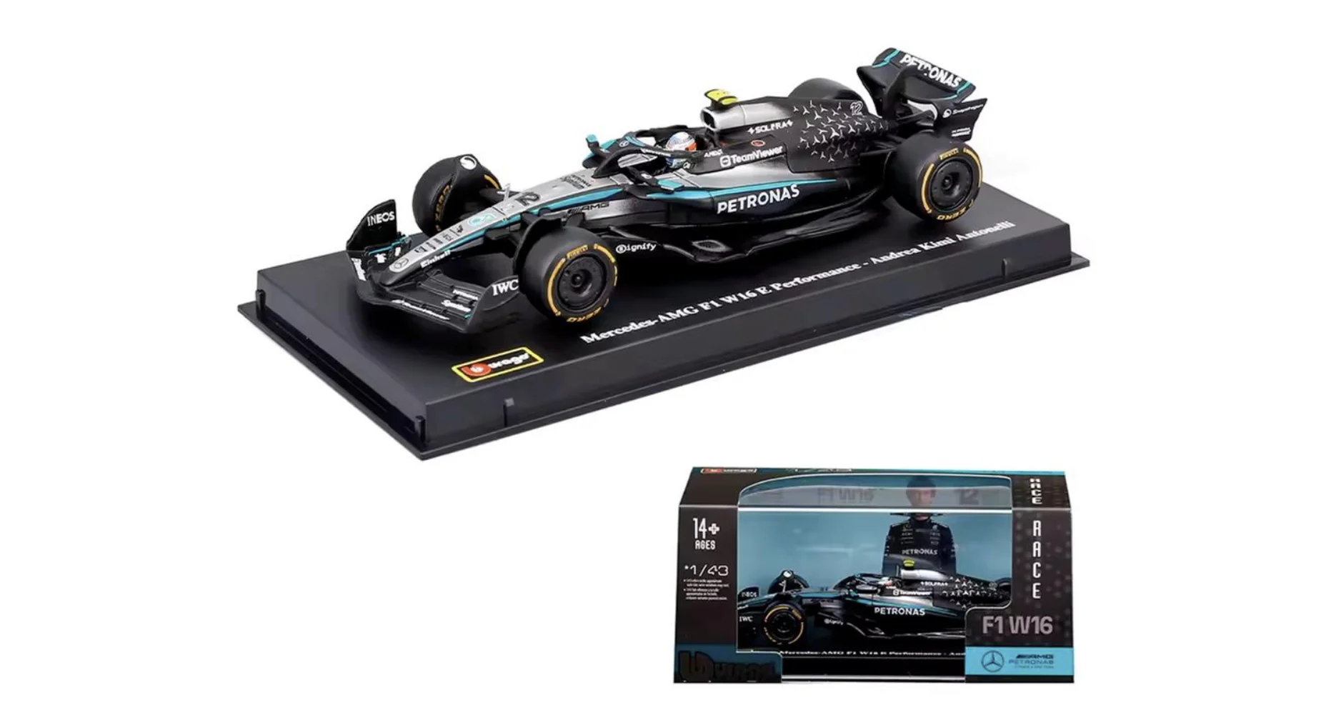 Miniatura Mercedes-AMG PETRONAS F1 W16 em exposição sobre base preta, acompanhada da embalagem.