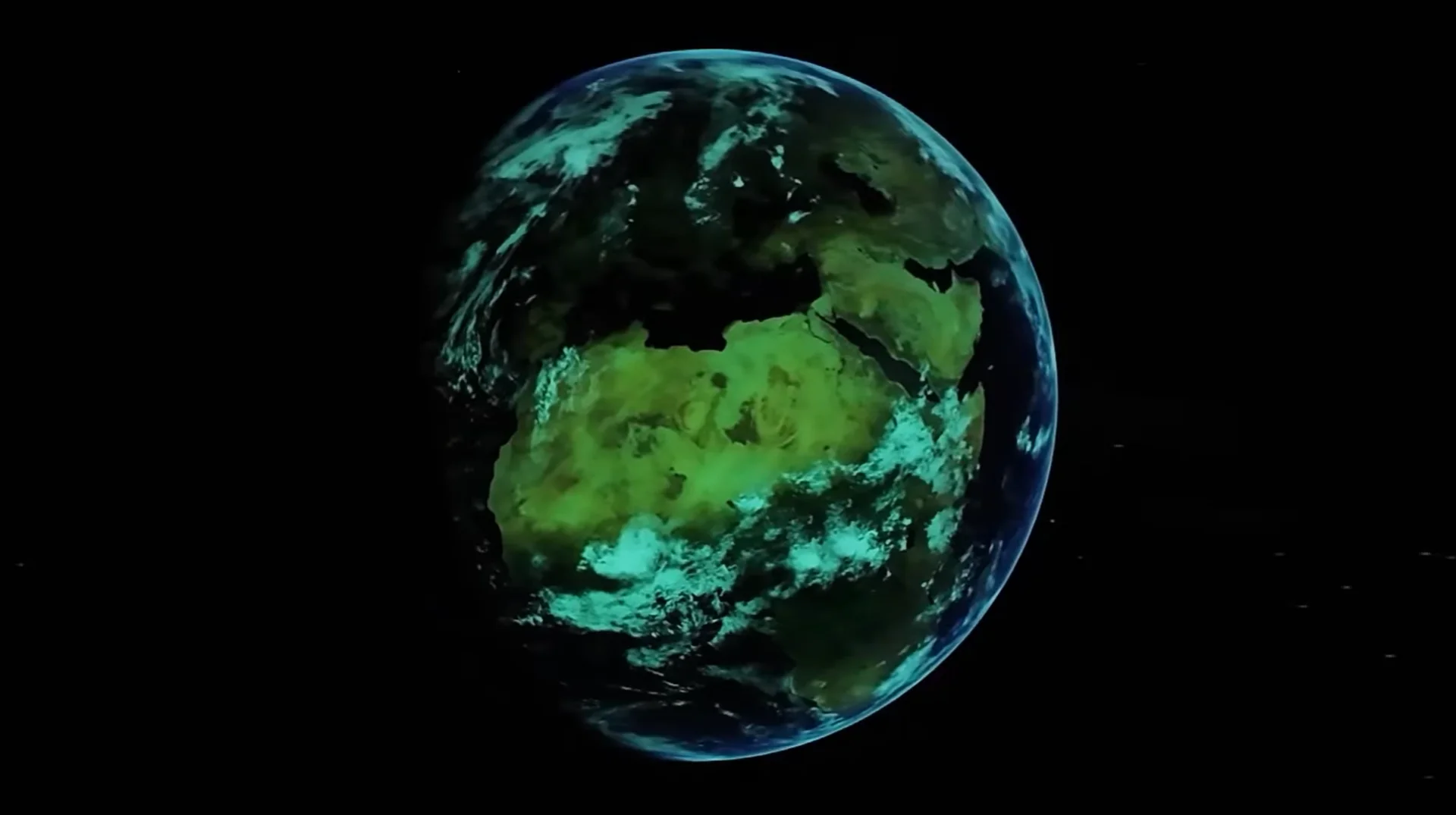 Projeção digital do planeta Terra vista do espaço, com continentes iluminados em tons de verde e azul sobre fundo escuro.