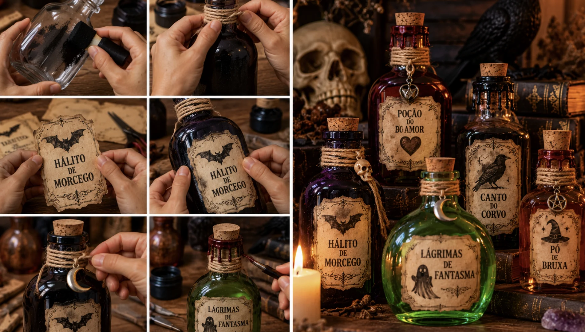 Passo a passo para criar frascos de poções de Halloween com garrafas de vidro, tinta e etiquetas envelhecidas.