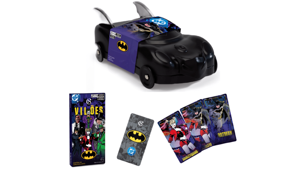 Chocolate Cacau Show Vilões do Batman com cards colecionáveis e lata Batmóvel.