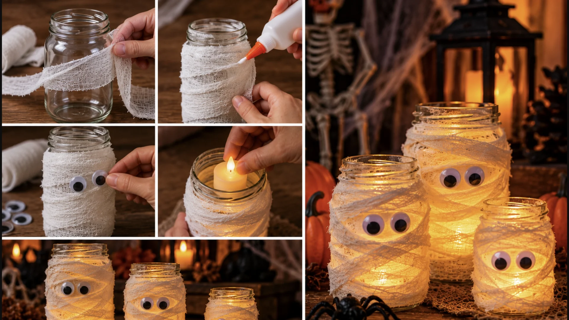 Tutorial de múmias de Halloween feitas com potes de vidro, gaze, olhos decorativos e luzes de LED.