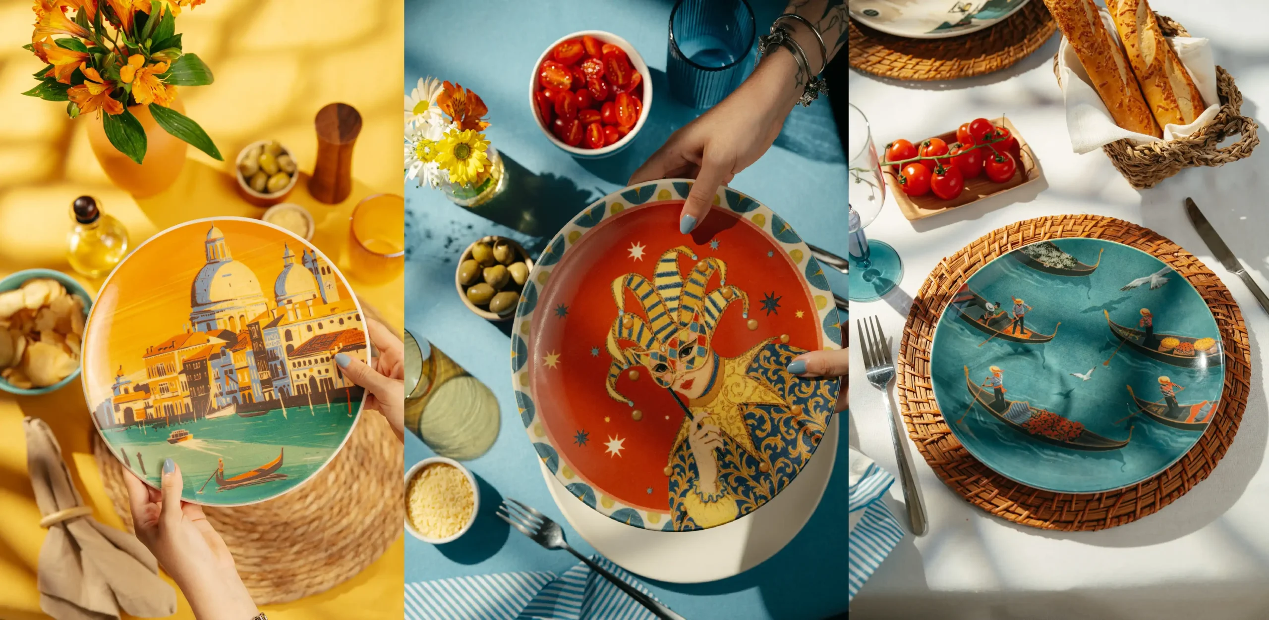 Pratos colecionáveis Spoleto 2026 com ilustrações de Veneza, máscara de carnaval e gôndolas.