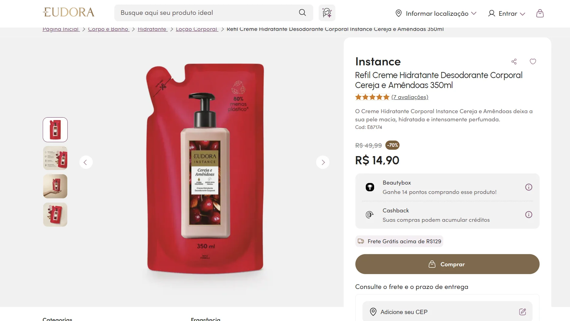 Hidratante Eudora Instance Cereja e Amêndoas com 70% de desconto.