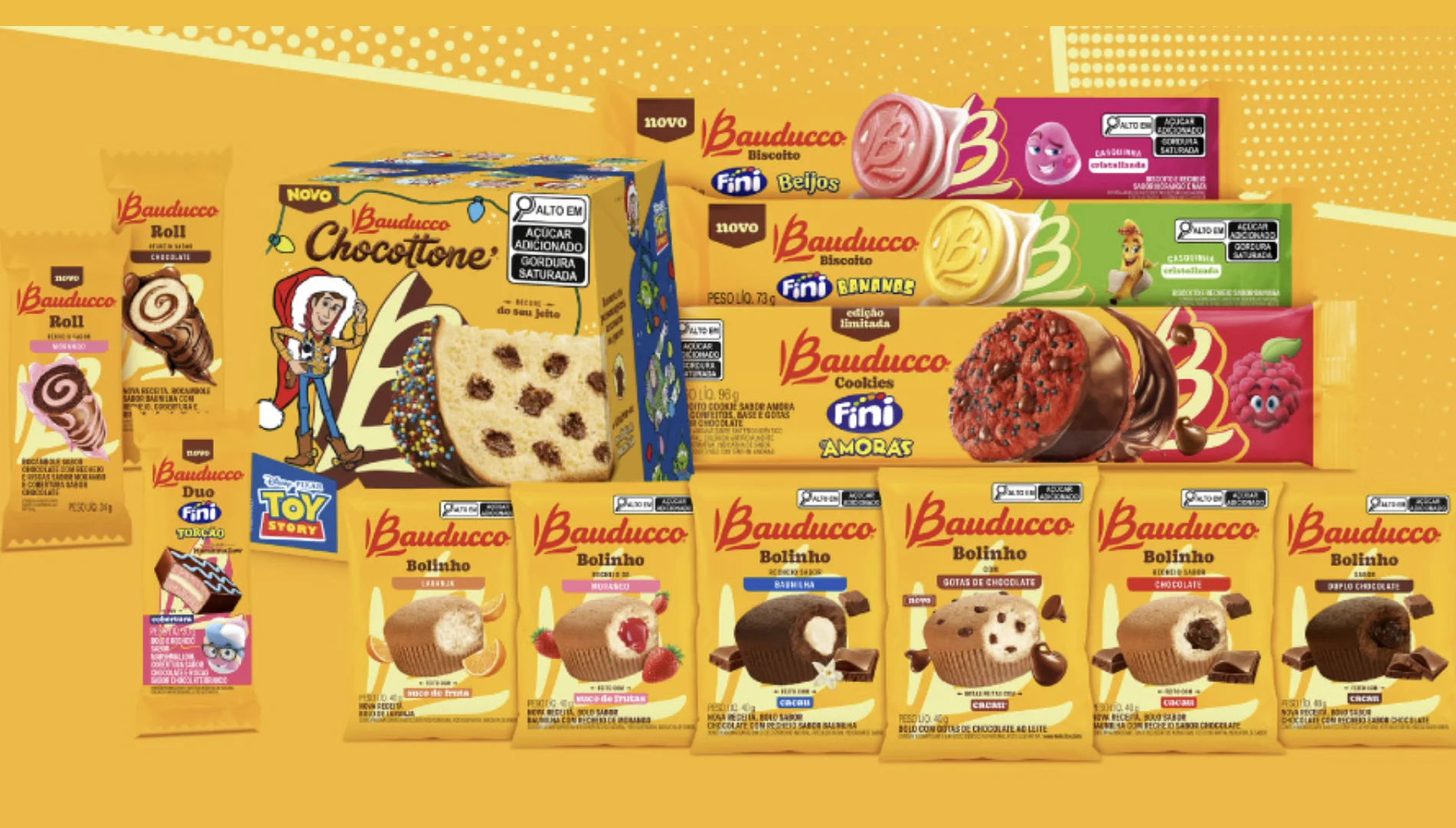 Produtos Bauducco, Fini e Toy Story participantes da campanha.