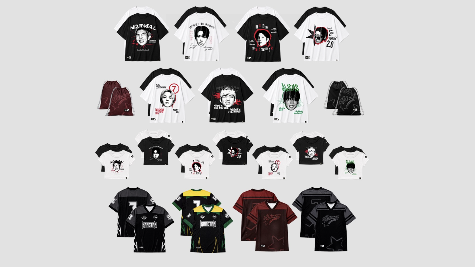 Coleção de produtos BTS ARIRANG com camisetas estampadas, jerseys esportivas e mochilas de cordão.