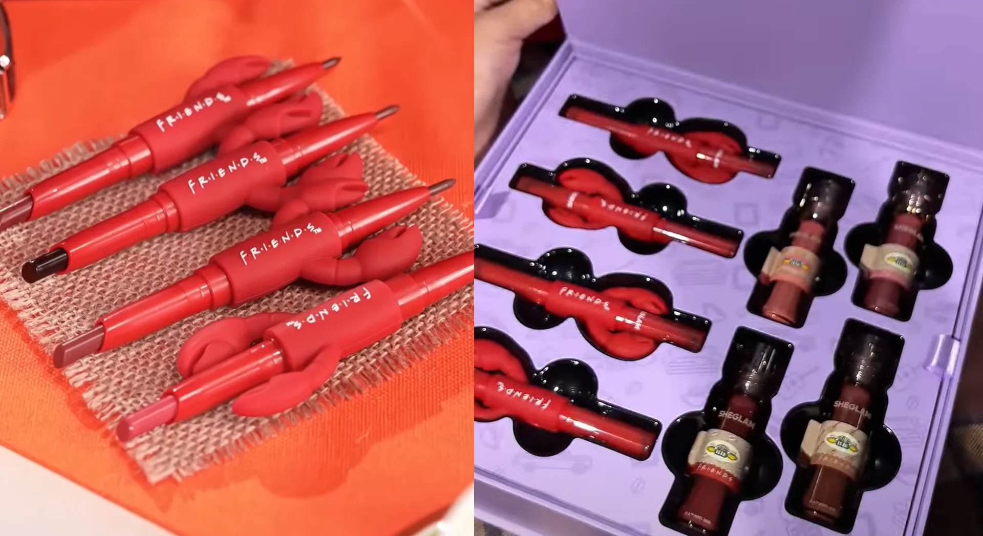 Produtos de maquiagem SHEGLAM x Friends em embalagens temáticas.