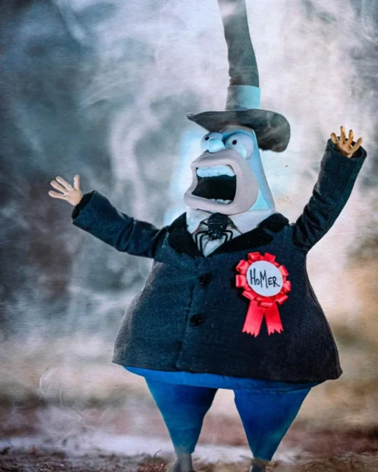 Homer Simpson caracterizado como prefeito da Cidade do Halloween em animação stop-motion.