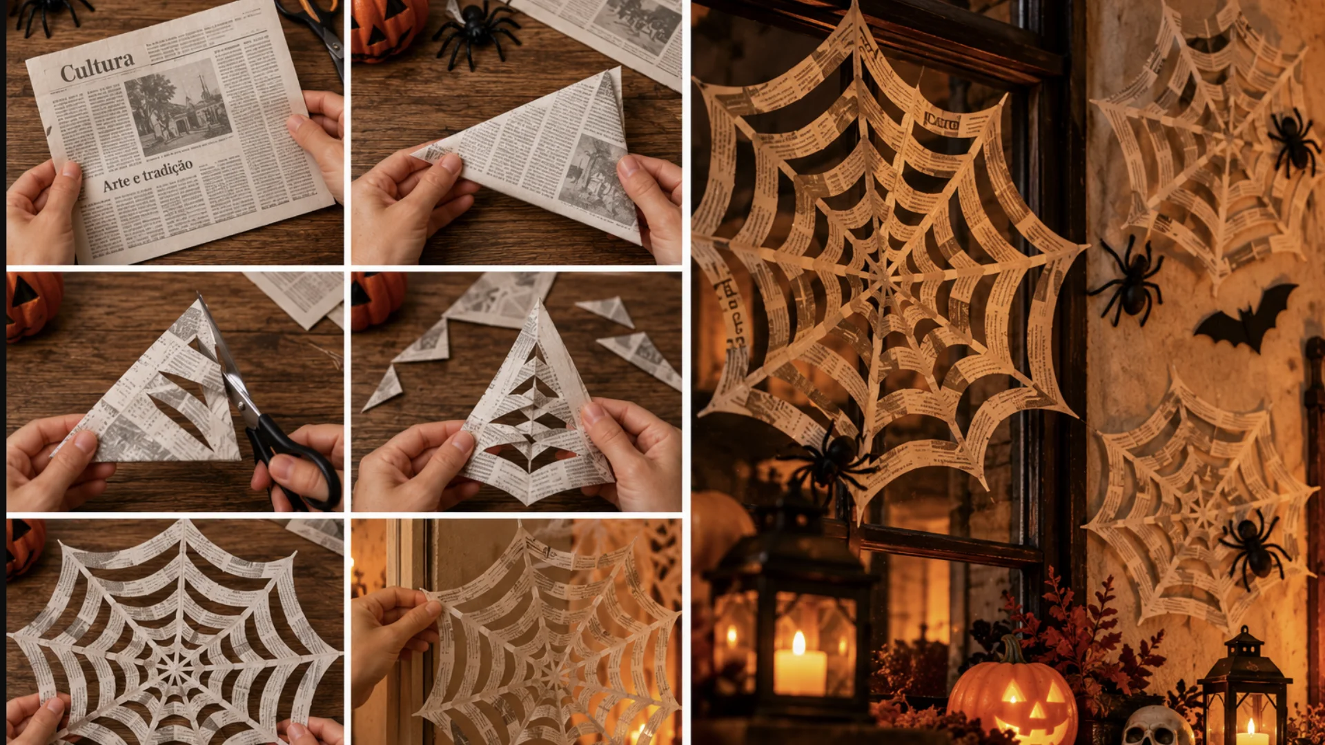 Passo a passo para fazer teias de aranha de Halloween com jornais reciclados, dobraduras e recortes.