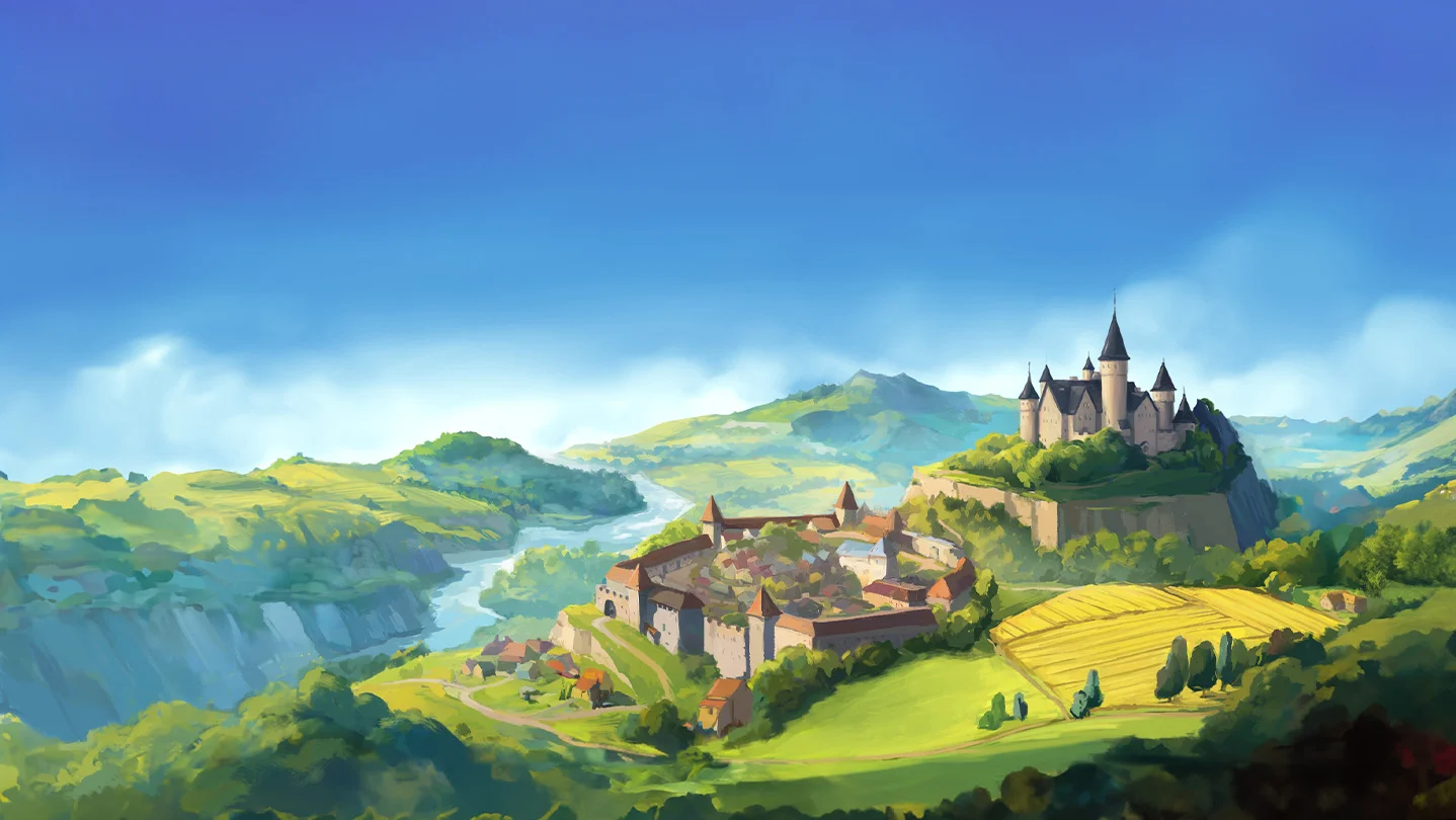 Castelo medieval cercado por vilarejos, montanhas e campos verdes no jogo de estratégia TerraScape.