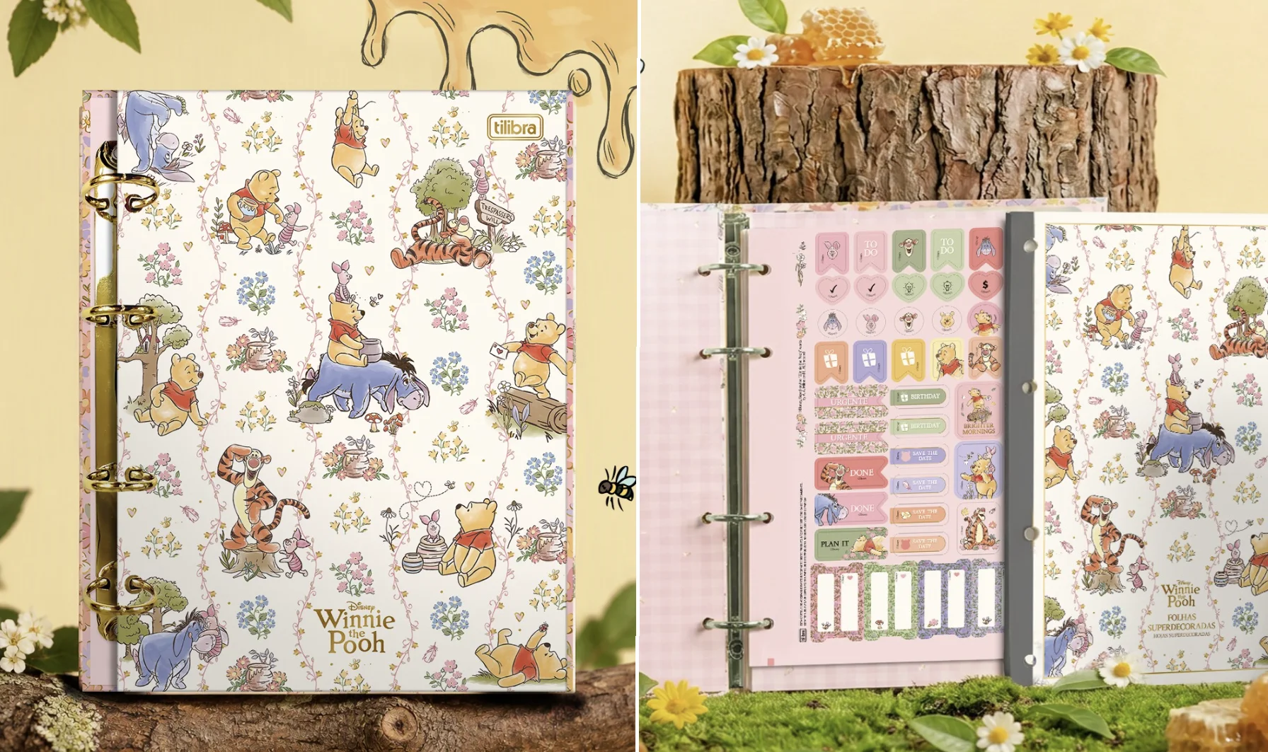 Caderno argolado Ursinho Pooh da Tilibra com estampas florais e cartela de adesivos.
