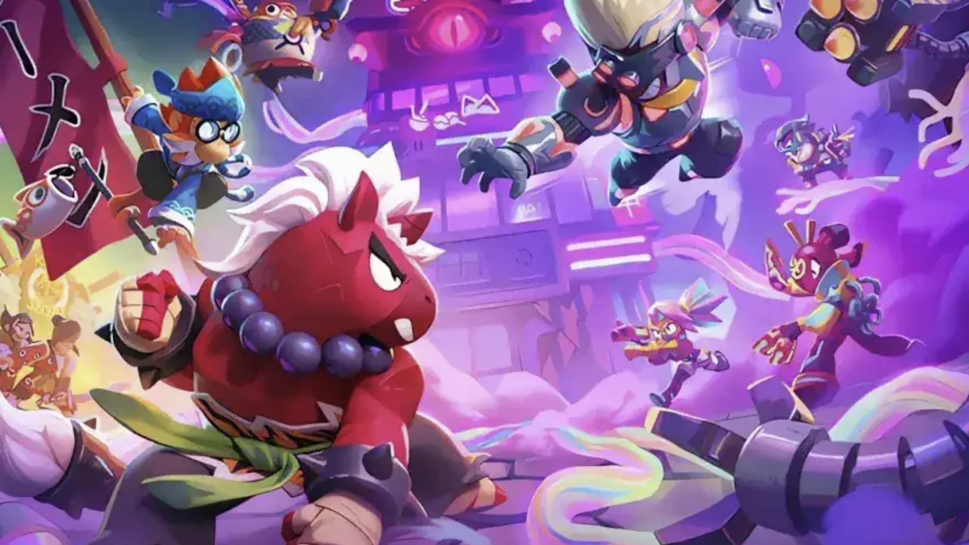 Personagens de Brawl Stars em cenário de batalha colorido com elementos de fantasia.