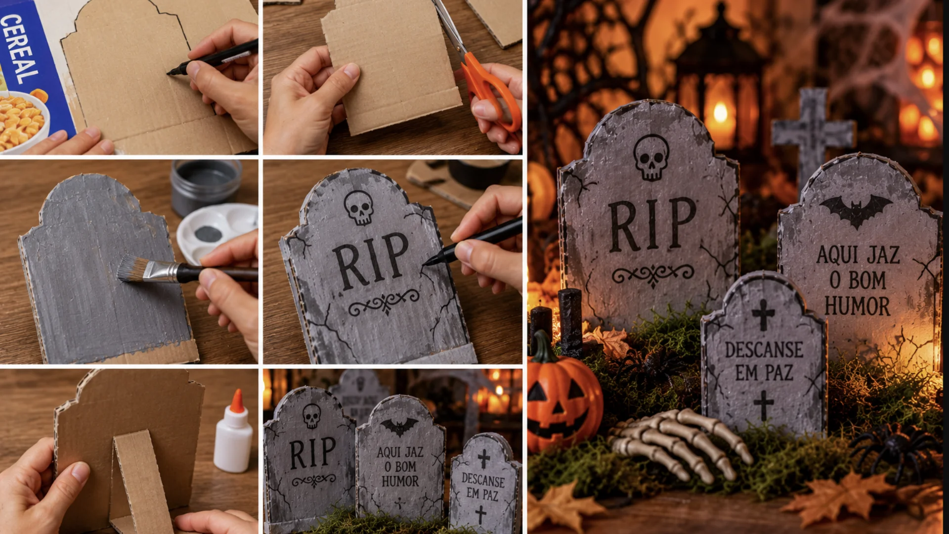 Tutorial de lápides de Halloween feitas com caixas de cereal recicladas, tinta cinza e mensagens divertidas.
