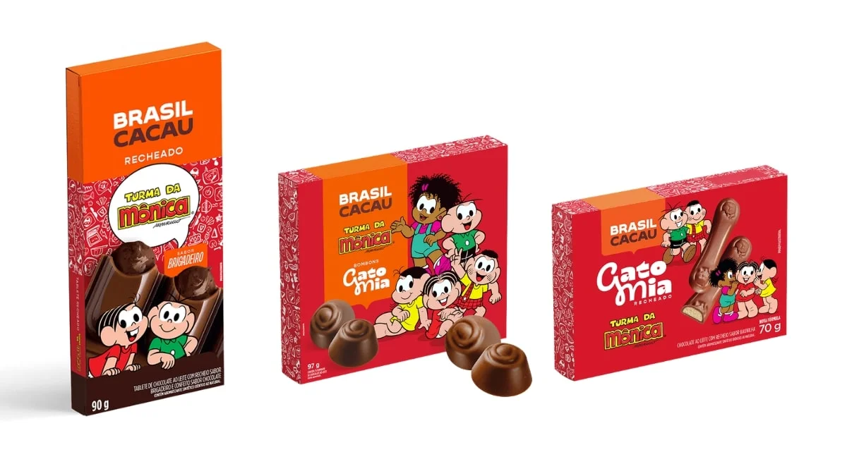 Três chocolates da Brasil Cacau com embalagens ilustradas pelos personagens da Turma da Mônica.