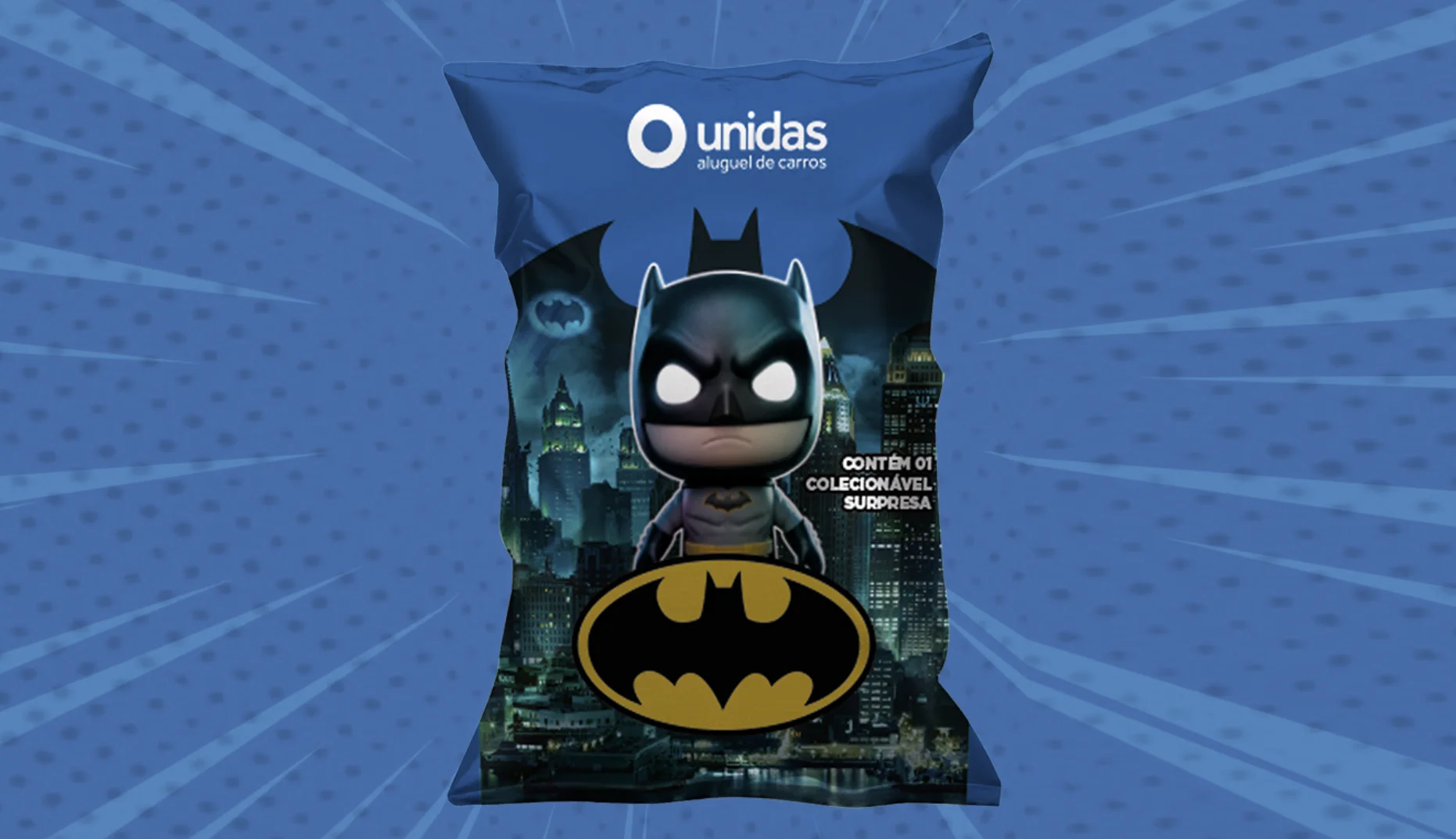 Embalagem surpresa da Unidas com miniatura colecionável do Batman e personagens da DC Comics.