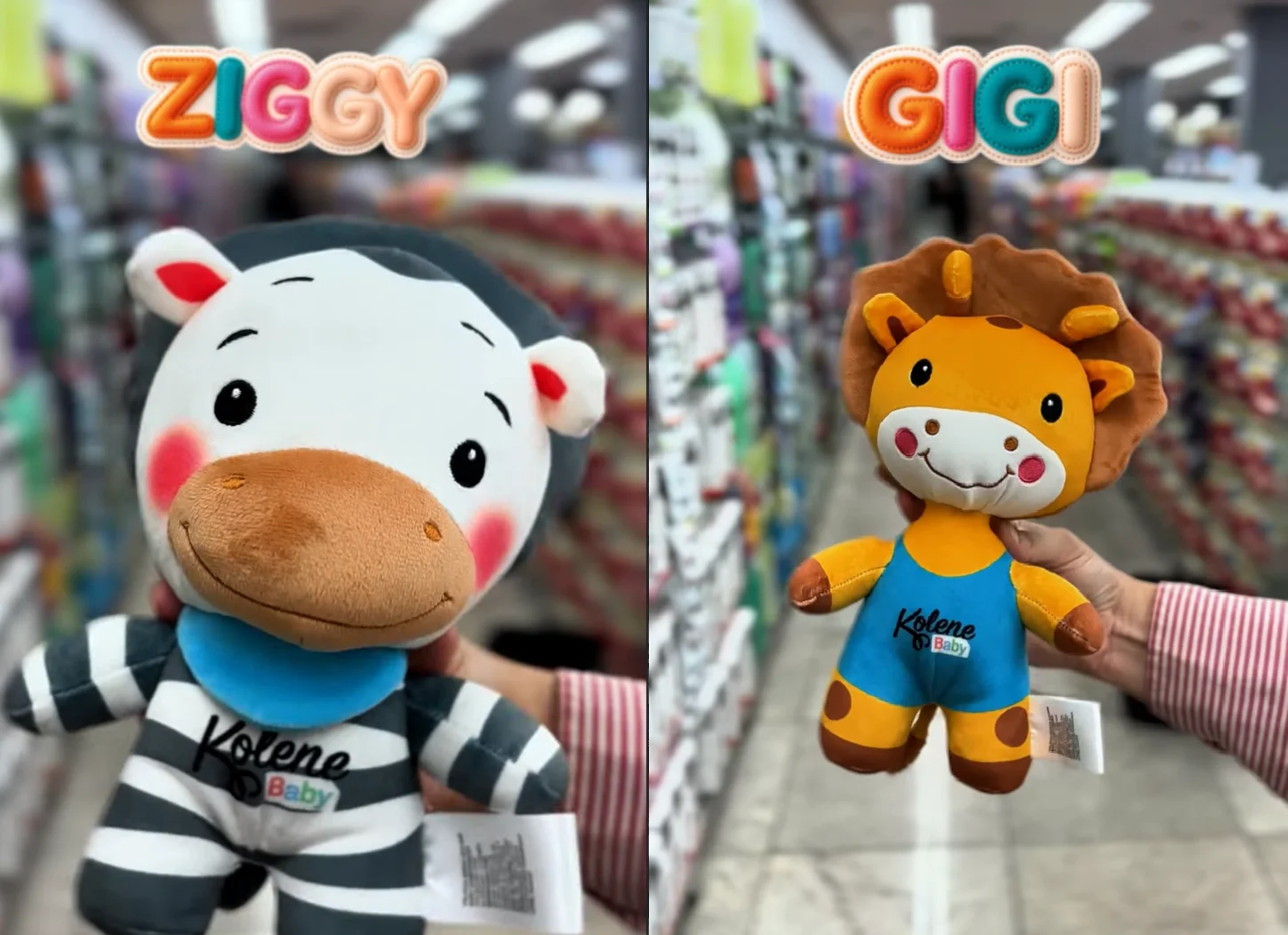 Pelúcias Ziggy e Gigi da Kolene Baby apresentadas nas lojas REDE.