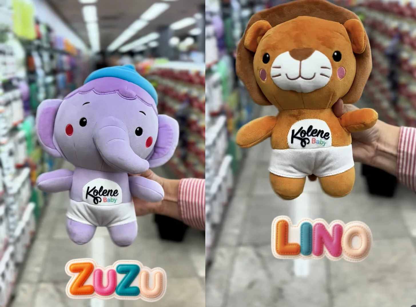Pelúcias Zuzu, o elefante, e Lino, o leão, da coleção Kolene Baby.